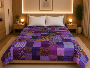 Fabricatefizz Couette Bohème Réversible Brodé en Coton 100% Rempli de Soie, Écologique, Lavable, Toutes Saisons, Faite à la Main, Patchwork - Product Image 1