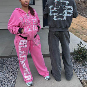 Vintage Washed Unisex Oversized Tracksuit Set Thick Cotton Mens Custom Logo Printed Rhinestone Hoodie & Sweatpants - Product Image 2
