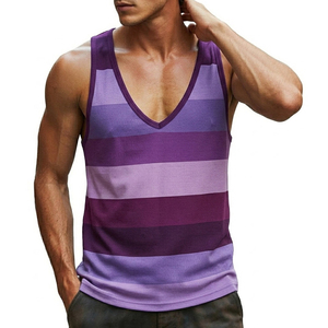 Débardeur Homme Rayé Sans Manches Col V Profond Personnalisable Logo OEM Vente en Gros Coupe Slim Respirant Décontracté Vêtements de Plage - Product Image 3