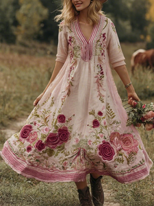 Vestido maxi floral rosa rubor de inspiración vintage, ligero y transpirable, con bordado de rosas, escote en V y mangas abullonadas. - Product Image 2