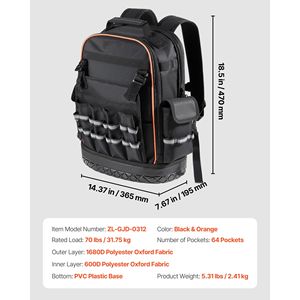 Mochila Portaherramientas Resistente de 64 Bolsillos con Base Moldeada y Compartimento para Portátil, Organizador de Almacenamiento para Electricistas - Product Image 2