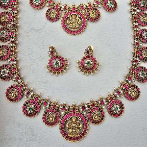 South Indian Lakshmi Coin Semi Bridal <b>Wedding</b> <b>Necklace</b> <b>Set</b>-Alloy Gold Plated Designer Fine Jewelry with Zircon Earrings - Product Image 3