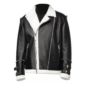 Custom <b>Men's</b> Black Faux <b>Leather</b> Shearling <b>Jacket</b> Winter Bomber Coat OEM Wholesale Manufacturer - Product Image 3