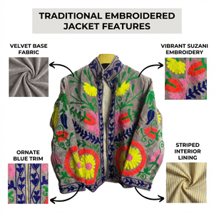 เสื้อแจ็คเก็ตซูซานีงานปักด้ายหลากสีทำมือสำหรับผู้หญิง เสื้อคลุมผ้าไหมปักลายสไตล์โบโฮชิค เสื้อโค้ทกำมะหยี่ลายชาติพันธุ์สำหรับฤดูหนาว - Product Image 6