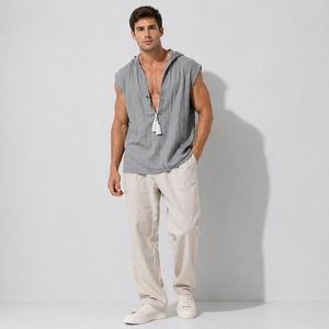 Haut unisexe sans manches à capuche en polyester/coton, couleur unie, boutonné devant, coupe classique, décontracté, pour l'été, séchage rapide, respirant - Product Image 1