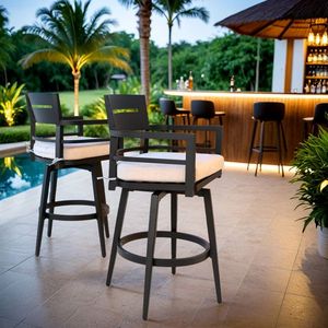 Chaises de bar pivotantes modernes pour l'extérieur, 2 pièces, structure en aluminium, noir ember, pivotantes à 360°, dossier ergonomique, accoudoirs - pour meubles de patio - Product Image 3