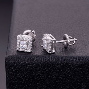 925 Sterling Silver Square Moissanite Stud <b>Earrings</b> <b>Gold</b> Plated Princess Cut Halo Crown <b>Screw</b> <b>Back</b> Fine Jewelry Unisex - Product Image 2