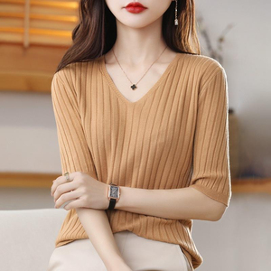 Suéter de punto acanalado con cuello en V para mujer, top informal de ajuste holgado, manga media, jersey suave y ligero, prendas de punto de moda - Product Image 2