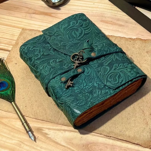 Handmade Green Leather <b>Notebook</b> with Alloy Buckle Vintage <b>Floral</b> Embossed Travel Journal Sketchbook Grimoire Diary - Product Image 1