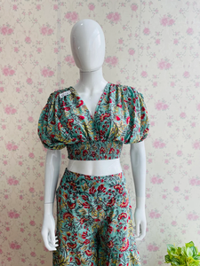 Conjunto bohemio de algodón con estampado de bloques a mano para mujer, Top corto, pantalón acampanado - Product Image 6