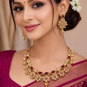 Conjunto de Collar Kundan Chapado en Oro con Piedras Rojas, Verdes y Blancas, Conjunto de Joyería Geométrica India de Moda para Bodas, Venta al Por Mayor - Product Image 1