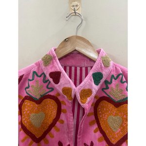 Pink Embroidered Knitted Velvet Cotton Jacket <b>Women</b> Mandarin Collar Full Sleeve Autumn Floral Pattern Open Front <b>Coat</b> - Product Image 3