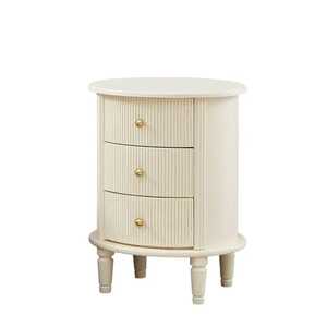 <b>Round</b> cream wooden nightstand with three drawers <b>gold</b> knobs elegant compact <b>side</b> <b>table</b> for bedroom or living room use - Product Image 1