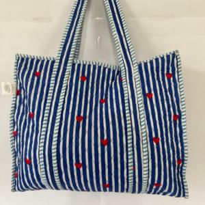 Handmade Blue Striped Heart Print Cotton Tote <b>Bag</b> Women Quilted <b>Boho</b> Shoulder Travel <b>Bag</b> - Product Image 2