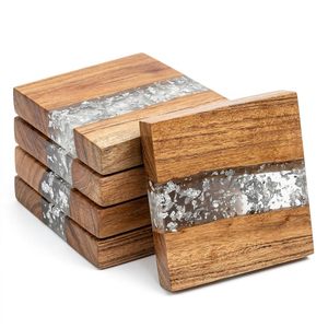 Ensemble de sous-verres carrés en bois écologiques de qualité supérieure pour table à manger, diamètre 300 mm, design champêtre, résine avec feuille d'argent, pour thé et café - Product Image 1