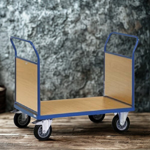 Heavy duty platform trolley <b>cart</b> with <b>wooden</b> panels and caster wheels for warehouse industrial transport - Product Image 3