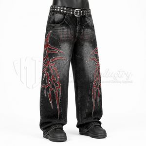 Jean en denim taille haute à jambe large pour homme, en coton, style punk, avec rivets et déchirures, coupe ample, streetwear automne - Product Image 3
