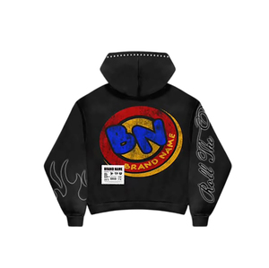 Sweat à capuche unisexe noir personnalisé, coupe oversize, effet délavé soleil, broderie, en molleton bouclette, style streetwear, grammage lourd, 100% coton, strass numériques - Product Image 3