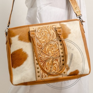 Handmade Large Cowhide Tote <b>Shoulder</b> Bag Genuine Leather with Tooling Patch and Matching <b>Straps</b> Portable Mid Hairon Design - Product Image 1