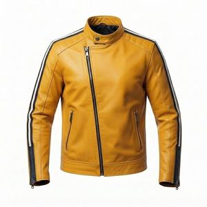 Blouson moto en cuir véritable jaune moutarde pour homme, col montant, fermeture éclair, coupe ajustée, longueur standard, pour l'automne - Product Image 3