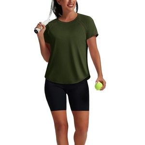 Camiseta de Manga Corta para Mujer, Color Verde Oliva Sólido, Cuello Redondo, Corte Regular, Secado Rápido, Transpirable, Ecológica, Tejida, con Botones, 100% - Product Image 5