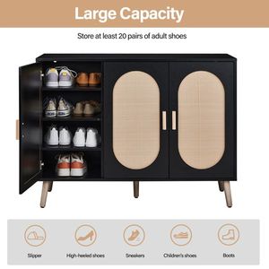 FCH 3-Door Vertical Shoe Cabinet Particle Board Plastic Rattan Black Frame Original Wood Rattan Surface Gold High Feet Shoe Rack - Product Image 4
