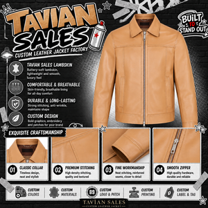 <b>Men</b>’s Tan Lambskin Leather <b>Jacket</b> Camel Beige Classic Collar Zip-Up <b>Biker</b> Motorcycle Casual Slim Fit Premium Leather <b>Jacket</b> - Product Image 6