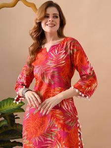 <b>Women</b> Pink Orange Leaf Printed Cotton <b>Kurta</b> Salwar Knee Length Regular Fit Casual Wear India Pakistan Style Summer Spring Autumn - Product Image 1