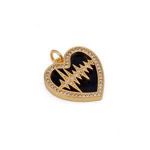 Latido del corazón de Latón chapado en oro Corazón de esmalte negro con borde de Zirconia cúbica y diseño de pulso ECG Joyería simbólica de fiesta romántica - Product Image 1