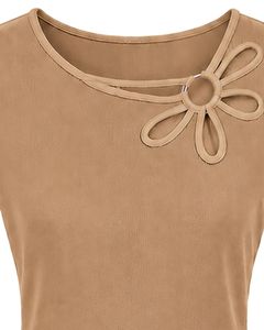 Manufacturer Beige Women Casual Summer Blouse Elegant Flower Neck Short Sleeve Fashion Loose Fit Daily Wear Stylish <b>Top</b> Shirt - Product Image 5