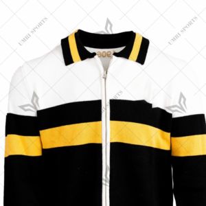 Pull tricoté épais rétro à rayures avec col polo et fermeture éclair intégrale, motif lettres grecques personnalisées, style vintage pour sororités et fraternités - Product Image 3