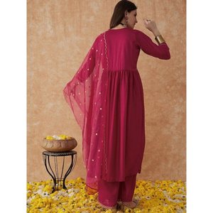 ÚLTIMO VICHITRA SECUENCIA DE BORDADO DE SECUENCIA TRABAJO ALIA CUT KURTI BOTTOM CON DUPATTA RANI - Product Image 4