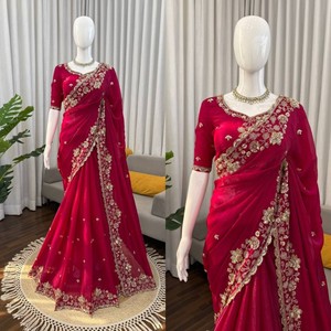 VASTRA COTTAGE Elegante Sari de Seda con Cuentas y Bordado de Lentejuelas, Blusa de Seda a Juego con Bordado de Cuentas y Lentejuelas - Product Image 5