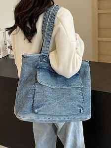 Urban Explorer Blue Denim <b>Tote</b> <b>Bag</b> For Women Large Capacity Cotton Fabric Shoulder Handbag With Bold White <b>Graphic</b> Print - Product Image 6