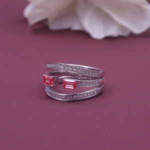 Bague triple bande en argent sterling 925 massif avec diamant rose fantaisie cultivé en laboratoire certifié IGI, taille émeraude, bague statement - Product Image 2