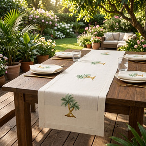 Wholesale Customized Natural Linen <b>Table</b> <b>Runners</b> Embroidered Double Palm Tree Hemstitch <b>Runner</b> Washable Durable Home Events - Product Image 4