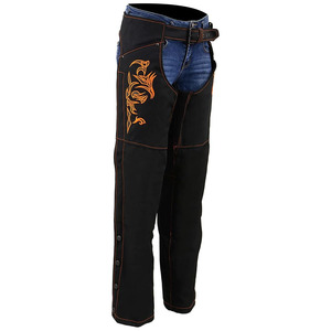 Samroz Sports Women's Motorcycle <b>Riding</b> <b>Chaps</b> Leather Seamless Customizable Embroidered Floral Design Black Denim Panel Pants - Product Image 3