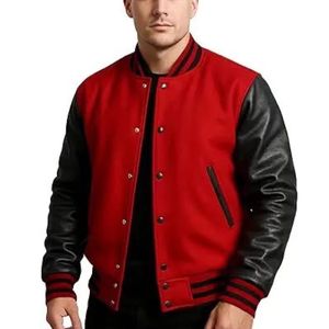 men's red and black <b>varsity</b> letterman <b>jacket</b>, commonly featured with a wool body and leather sleeves - Product Image 1