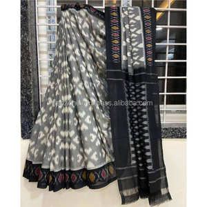 Ropa de fiesta amarilla y roja Saree de impresión digital de lino - Product Image 1