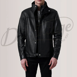 Veste en cuir noir pour homme, style col à boutons, en véritable peau de mouton, coupe ajustée, automne-hiver, décontractée, style moto, fermeture éclair, vêtement d'extérieur - Product Image 2