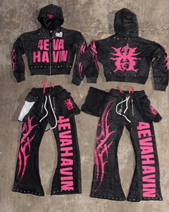 <b>Top</b> Selling Acid Wash Rhinestone Tracksuit Cropped <b>Zip</b> Hoodie and Flare Sweatpants Set Pink Graphic Applique <b>Women</b> - Product Image 2