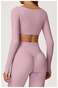 Women's Seamless Yoga Set High Waist Flared <b>Leggings</b> Butt Scrunch <b>Long</b> Sleeve Crop <b>Top</b> Gym Outfit High Waist Seamless Yoga Sets - Product Image 4
