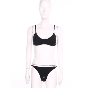 Conjunto de Bikini Negro, Top Triangular y Tanga, Traje de Baño para Mujer, Elástico, Color Sólido, Tejido Liso, Ropa de Playa de 2 Piezas - Product Image 4