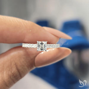 Anillo de compromiso de lujo con diamante cultivado en laboratorio de corte Asscher de 0.50 ct, banda pavé tipo catedral, oro blanco de 10K, anillo minimalista para aniversario o boda - Product Image 5
