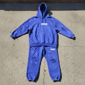 Custom Printed Two-Piece Solid Distressed <b>Pullover</b> Hoodie Straight Leg Flared Fleece-Lined Sweatpants Winter Streetwear - Product Image 5