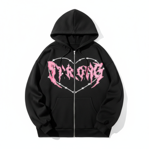 <b>Black</b> Men's Oversized <b>Zip</b>-Up <b>Hoodie</b> With Pink Heart Strong Print Streetwear Sweatshirt Knitted Cotton Autumn Style - Product Image 5