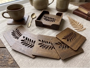 Leaf Cutout Solid Wood Coaster Set Handcrafted Heat Resistant Drink Mat Rustic <b>Table</b> <b>Protector</b> Coffee Tea Cup Holder - Product Image 3