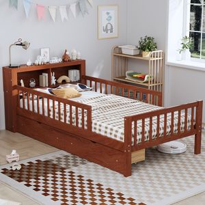 Letto singolo per bambini in noce con testiera, scaffale portaoggetti, due cassetti sottoletto e tre sponde laterali per sicurezza e protezione - Product Image 2