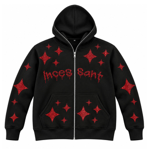 Sudadera con capucha personalizada para hombre, negra, con gráfico de diamantes de imitación, con cremallera, de algodón grueso, corte holgado, estilo urbano, con forro polar. - Product Image 1