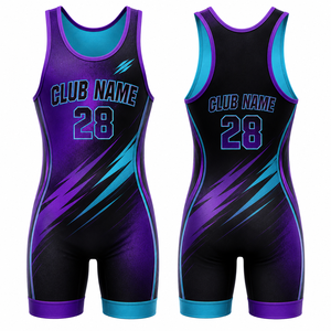 Tenue de lutte et d'arts martiaux unisexe personnalisée, une pièce, impression par sublimation, coupe ample, séchage rapide, légère, 100% polyester, noir et violet - Product Image 1